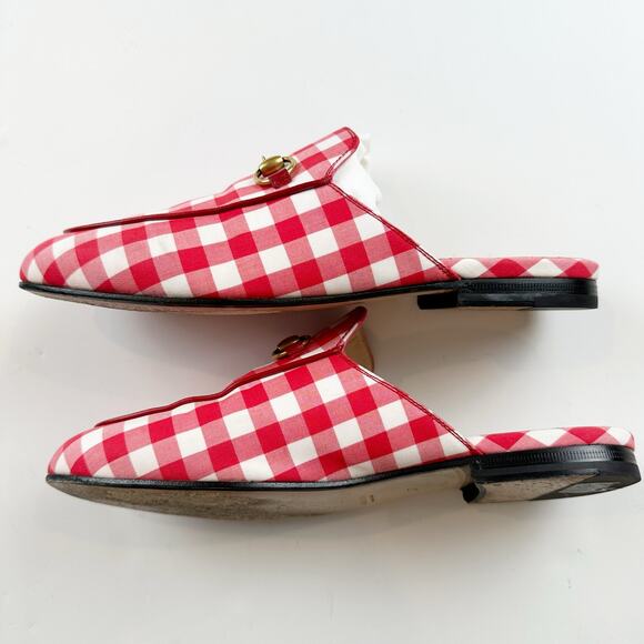 Gucci Princetown Mule Red White Plaid Gold Horsebit Vichy Checkered Size 37 US 7 - Picture 7 of 14